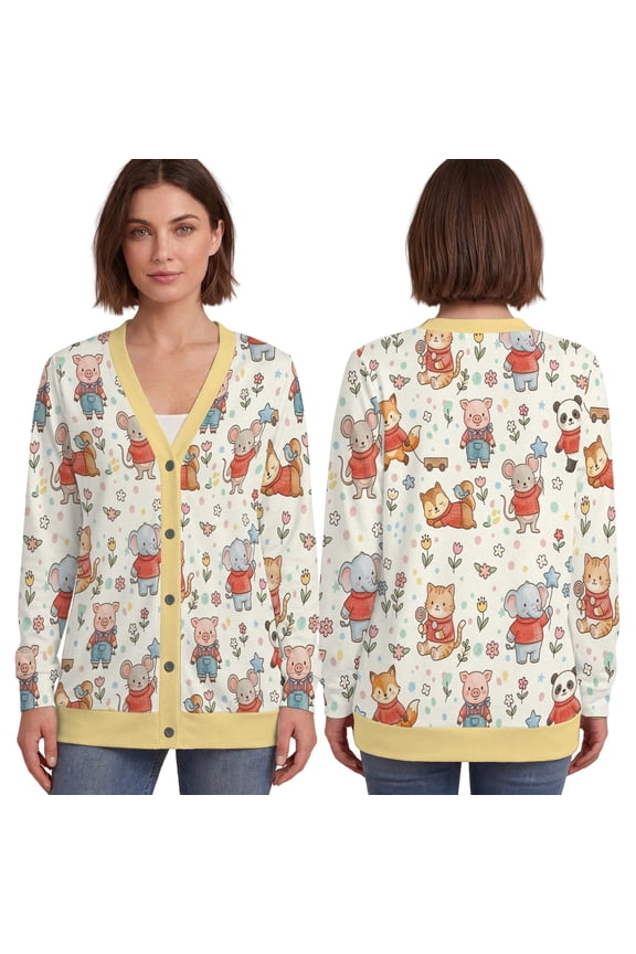 Cute Animal Friends Cardigan, Elephant Pig Mouse Knitted Sweater, Spring Garden Floral Pastel Cardigan