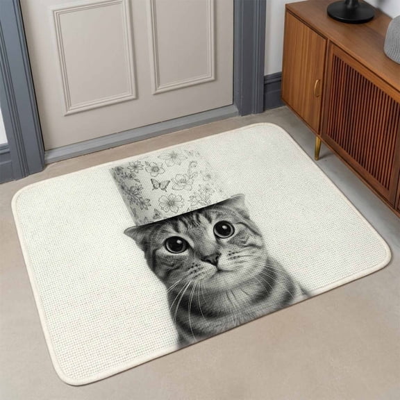 Cute Animal Front Door Mat Indoor Entrance, Vintage Funny Black White Cute Cat with Toilet Paper on Head Absorbent Dirt Resist Welcome Mats Non-Slip Low-Profile Doormat Indoor Outdoor 17x30 Inch