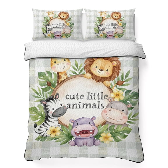 Cute Animal Full Quilt Bedding Set, Lions Zebra Giraffe Hippo Flower Tropical Plant Green Plaid Lightweight Comforter with 2 Pillow Shams Bedroom Bedspread Set Home Decor for All Seasons