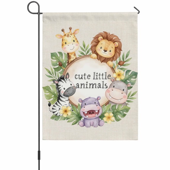 Cute Animal Garden Flag 12 x 18 Inches, Lions Zebra Giraffe Hippo Flower Tropical Plant Vintage Weather Proof Outdoor Patio Flags Double Sided Small Garden Decoration for Yard Outside Home