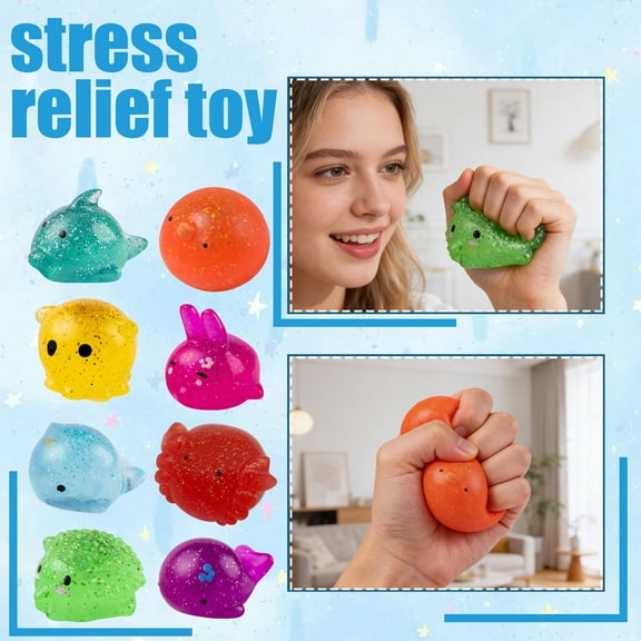Cute Animal Glitter Stress Balls Stretchy Squeeze Fidget Toys Adorable Dolphin Bunny Octopus Sensory Toys for Stress Relief Fidgeting