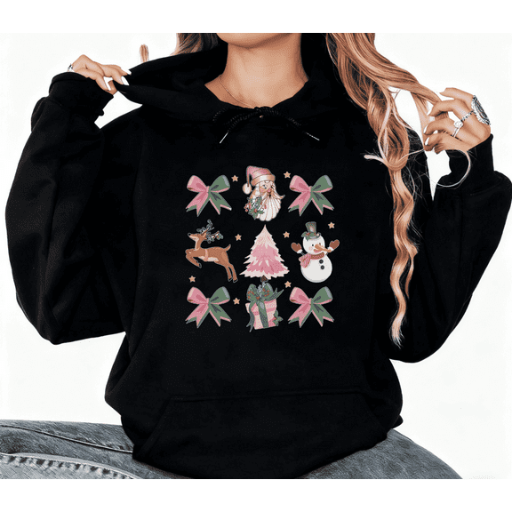 Christmas Santa Snowman Cute Animal Pink Graphic Tee T-Shirt Print Top Cotton Hooded long-sleeved Black S-2XL
