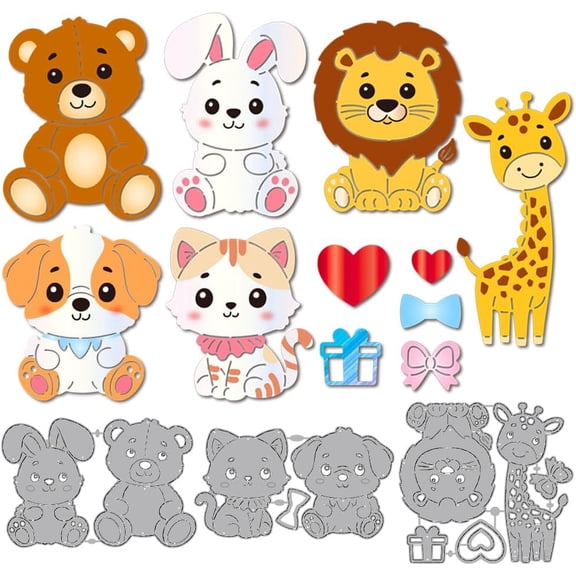 Cute Animal Metal Cutting Dies Rabbit Puppy Die Cuts Bear Cat Dog Embossing Template Lion Giraffe Carbon Steel Stencils for Card Making Scrapbooking Album Handbook Gift Decoration Colorful