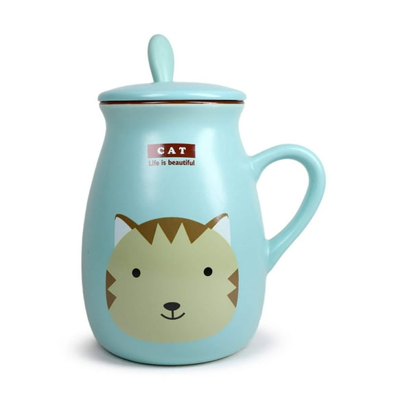 Cute Animal Milky Ceramic Mug With Spoon And Lid