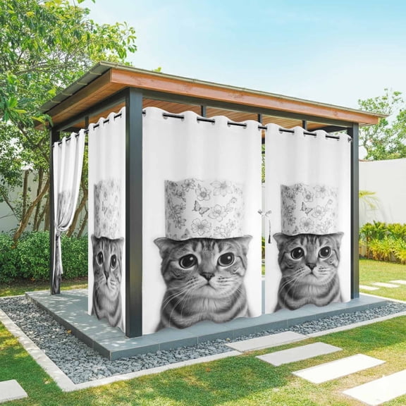 Cute Animal Outdoor Curtains for Patio, Vintage Funny Black White Cute Cat with Toilet Paper on Head Waterproof Outside Curtains Privacy Blackout Curtain for Porch Pergola 1 Panel 54Wx84L Inch