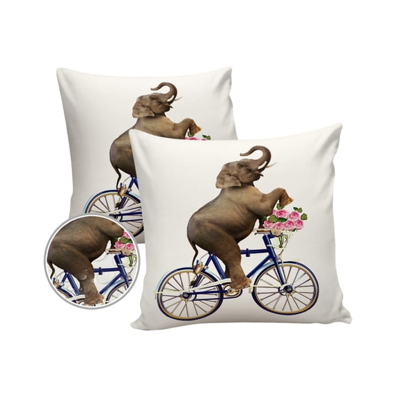 Cute Animal Outdoor Pillow Covers Set of 2, Decorative Waterproof Throw Pillow Case, Elephant Riding Bicycle with Pink Flowers Cotton Linen Soft Cozy Cushion Pillowcases