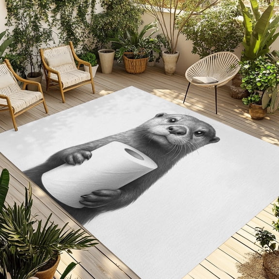 Cute Animal Outdoor Rug, Vintage Funny Black White Cute Otters with Toilet Paper in Hand Non-Slip Area Rugs Carpet Breathable Large Floor Mat for Outdoors Patio Porch Deck Beach 6’ x 9’