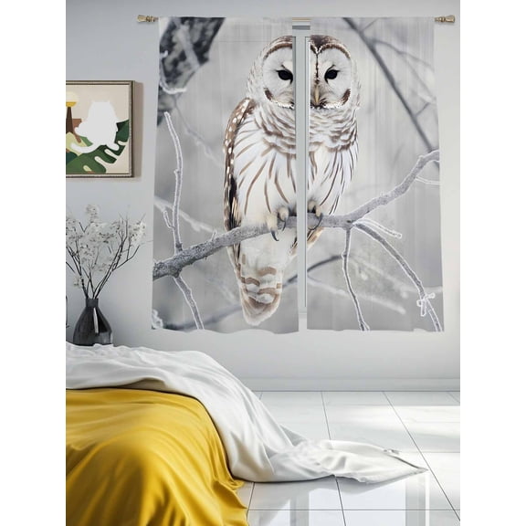 Cute Animal Owl on Branches Chiffon Sheer Curtains 63 Inches Long Grey Landscape Rod Pocket Window Curtains Voile Drapes Curtains for Living Room Bedroom,2 Panels