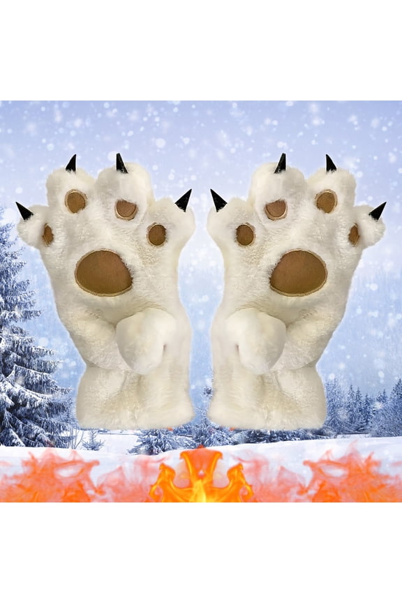 Cute Animal Paw Gloves, Full Finger Winter Gloves for Women Men, Warm Knitted Claw Bear Palm Gloves for Cold Weather Protection(White)