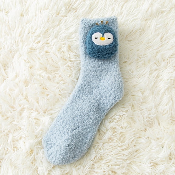 Cute Animal Plush Socks for Women, Blue Fuzzy Winter Socks with 3D Penguin Cozy Lounge Socks Non-Slip Gift for Her,Size Free Size