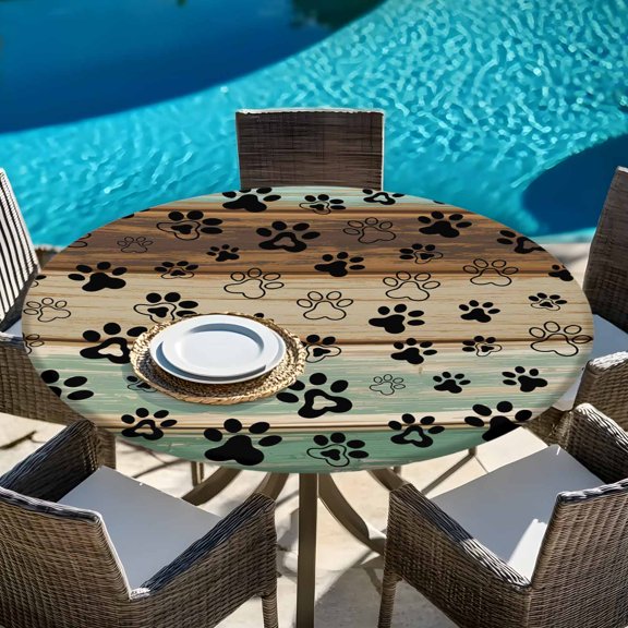 Cute Animal Print Footprints on Wood Plank Round Fitted Tablecloth with Elastic Edge,Waterproof Table Cloth Fits Tables Up to 45"-54",Wipeable Table Cover for Dinning Party,Farmhouse Wooden Board