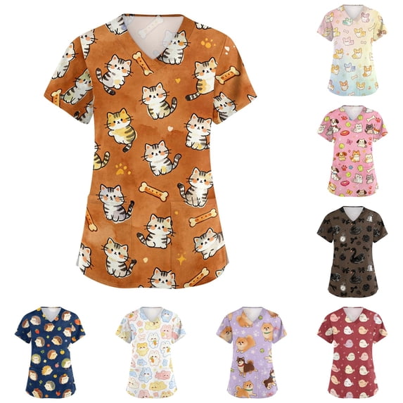 Cute Animal Print Scrub Top for Women, V-Neck Short Sleeve Medical Uniform with Pockets - Lightweight Vet Tech Workwear Pink XXXL