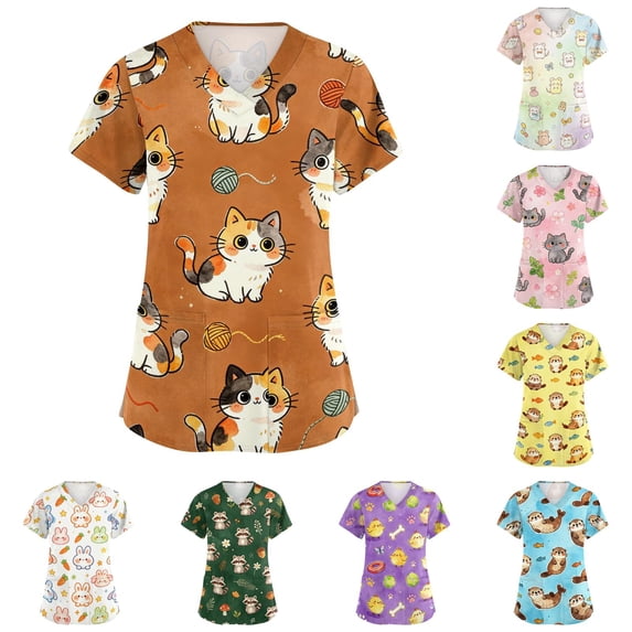 Cute Animal Print Scrub Top for Women, V-Neck Short Sleeve Vet Tech Uniform with Pockets - Breathable Cartoon Cat Medical Workwear Black XXXL