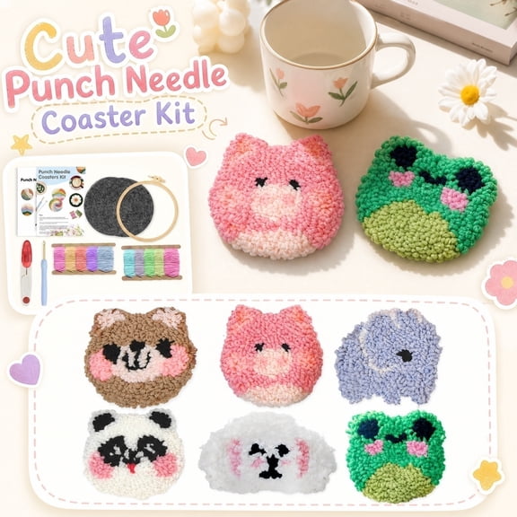 Cute Animal Punch Needle Coaster Kit, 6 Adorable Designs, All-Inclusive DIY Craft for Animal Lovers & Beginners (B)