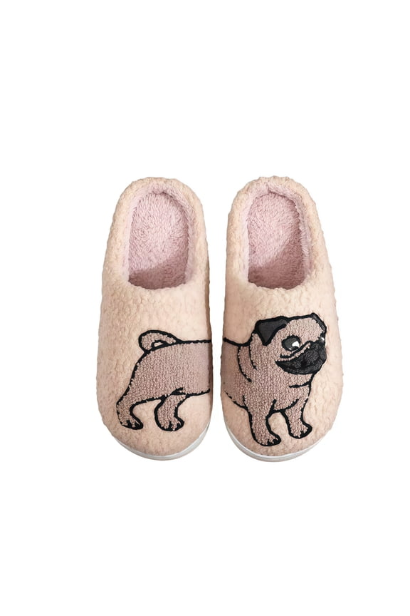 Cute  Animal Puppy Pug Dog Cotton Slippers – Perfect Soft Slip-on Slippers, Plush Comfy Warm Fluffy Slippers for Women and Men Non-slip Fuzzy Flat Slides,(7-8 Size)