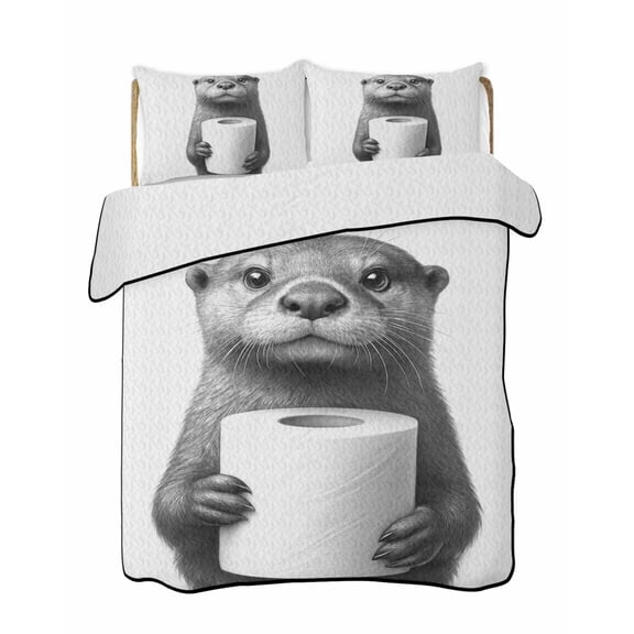 Cute Animal Quilts Bedding Set King Size Vintage Funny Black White Cute Otters with Toilet Paper in Hand Lightweight Quilted Bedspread 3 Piece Bed Quilt with 2 Pillow Shams for Bedroom 90" x 96"