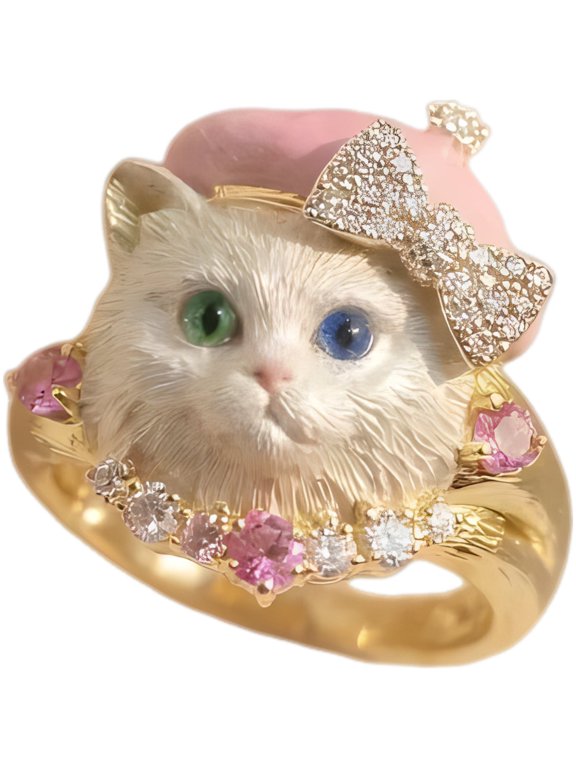 Cute Animal Ring for Women, 3D Adjustable & Heterochromia Eyes and Pink Beret, Gold Plated Pet Ring Statement Jewelry for Girlfriends Birthday or Animal Lovers Present, Open Band