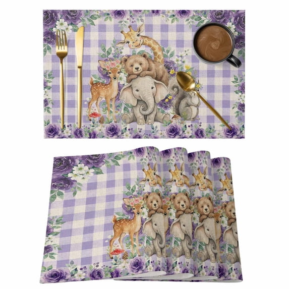 Cute Animal Rose Placemats Set of 1, Cartoon Bear Elephant Giraffe Deer Purple Flower Plaid Non-Slip Place Mats Washable Table Mats for Kitchen Dining Table Decorations Indoor/Outdoor