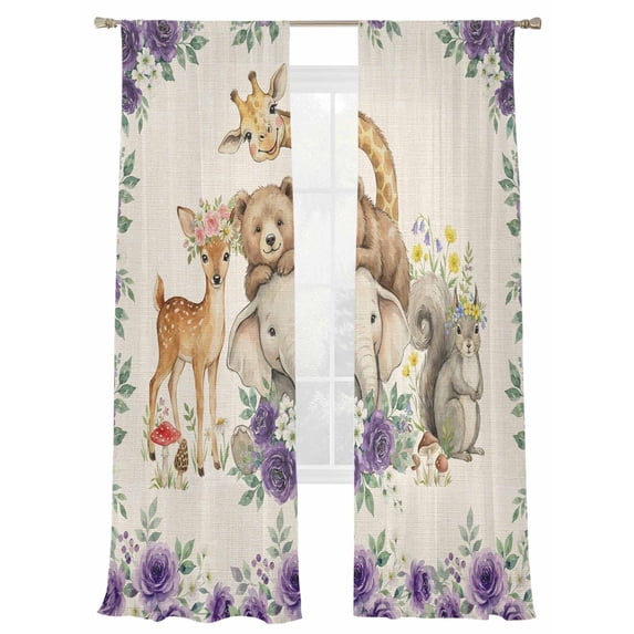Cute Animal Rose Sheer Curtains 2 Panels Set Cartoon Bear Elephant Giraffe Deer Purple Flower Linen Sheer Window Curtains Light Filtering Rod Pocket Voile Drapes for Bedroom Living Room 52"X108"