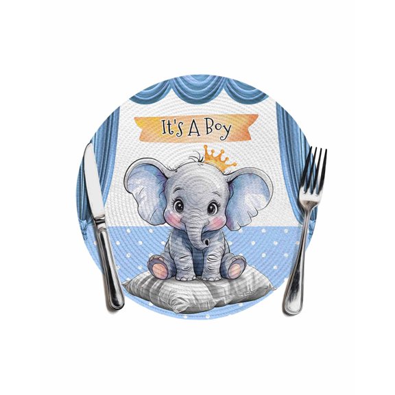 Cute Animal Round Table Placemats 1 pc, Cartoon Elephant Polka Dot Birthday Washable Woven Place Mats for Dining Tables Kitchen Party Decor,Heat Proof, 13in, Blue