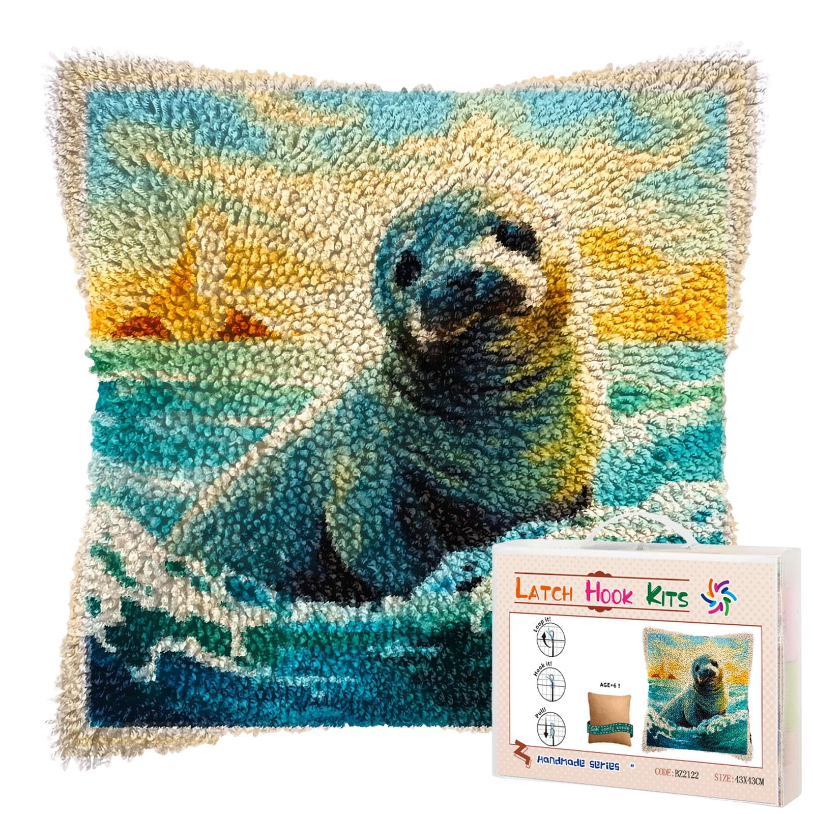 Cute Animal Seal in Sea Sunset DIY Latch Hook Pillow Kits for Adults Printed Pillowcase Crochet Yarns Hooking Handmade Pillow Cover Cushion for Home Sofa Decoration 17x17inch