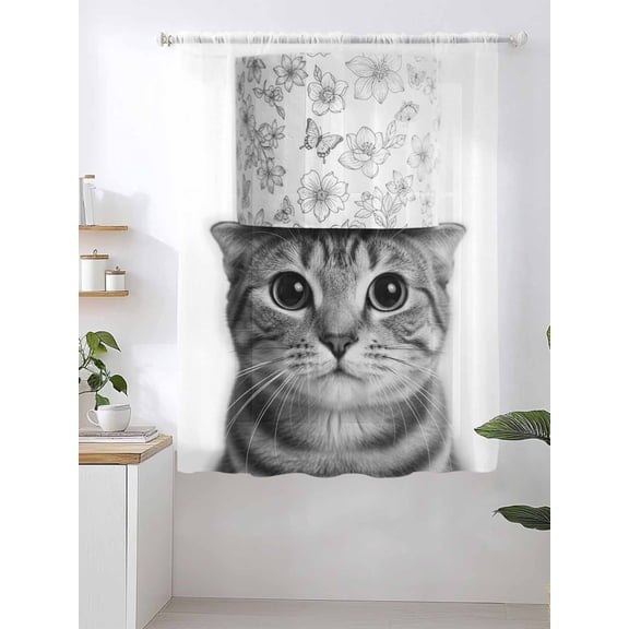 Cute Animal Sheer Curtains 72 Inch Long 1 Panel Vintage Funny Black White Cute Cat with Toilet Paper on Head Light Filterring Curtain Rod Pocket Voile Window Drapes for Living Room Bedroom 52" x 72"
