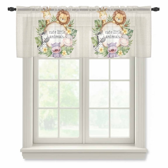 Cute Animal Sheer Valances for Windows, Lions Zebra Giraffe Hippo Flower Tropical Plant Vintage Semi Sheer Kitchen Valance Rod Pocket Small Voile Window Curtains for Living Room Bedroom 42 x 12 Inch