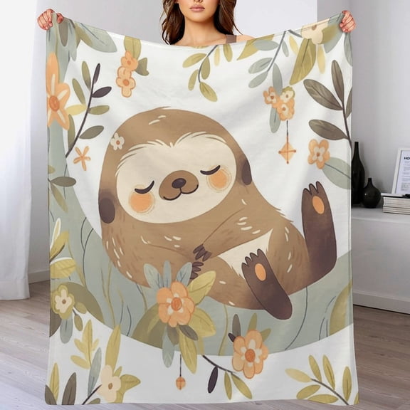 Cute Animal Sloth Sleep Sloth On Tree Branch Lovely Funny Design Cartoon Wildlife Flannel Blanket for Couch 60"x80" Darling Sloth Themed Christmas Holiday Winter Plush Fuzzy Warm Bed Blanket