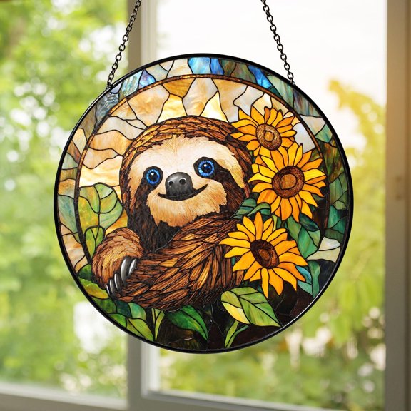 Cute Animal Sloth Sunflower Nature Stained Glass Suncatcher Window Hanging Home Decor Handmade Summer Gift