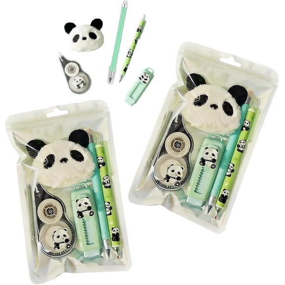 Cute Animal Stationery Set with Correction Tape Pen Combo,Plush Panda Pendant and Eraser Writing Supplies,Practical Writing Stationery Set for Office and Note Taking(2pcs)