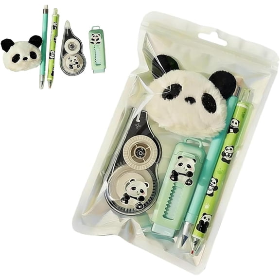 Cute Animal Stationery Set with Correction Tape Pen Combo,Plush Panda Pendant and Eraser Writing Supplies,Practical Writing Stationery Set for Office and Note Taking(1pc)