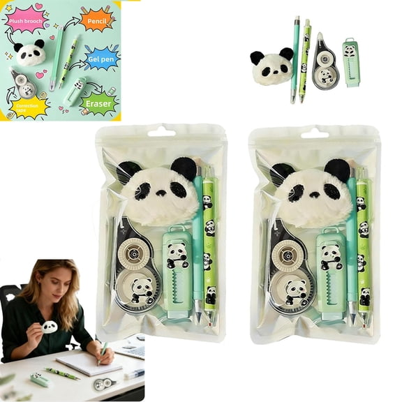 Cute Animal Stationery Set with Correction Tape Pen Combo, Supplies with Plush Panda Pendant and Eraser Writing Supplies, Practical Writing Stationery Set, for Classroom and Note Taking