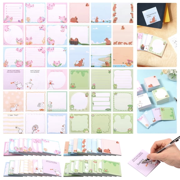 Cute Animal Sticky Notes 36 Pack, Self Adhesive Sticky Notes 3x3 Inch, Mini Sticky Notes 1800 Sheets 4 Themes for Office