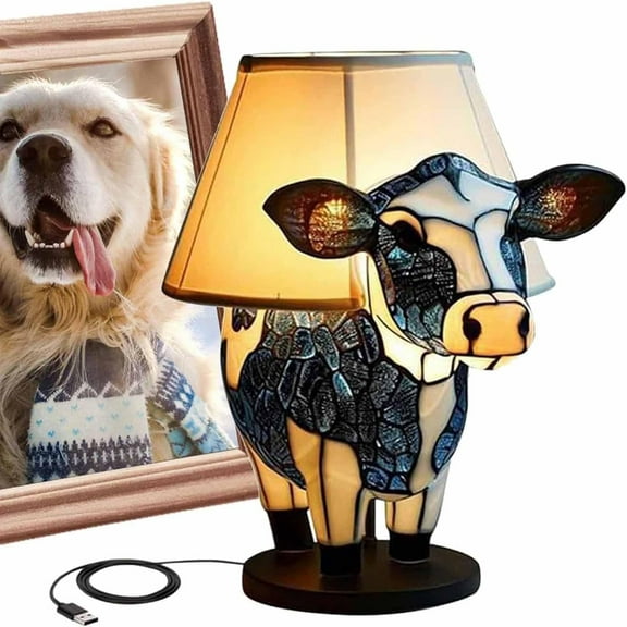 Cute Animal Table Lamp Cow Decor, Bedside Lamp Lighted Cow Desk Lamp for Living Room, Stained Glass Animal Night Light for Bedroom, Office, Home