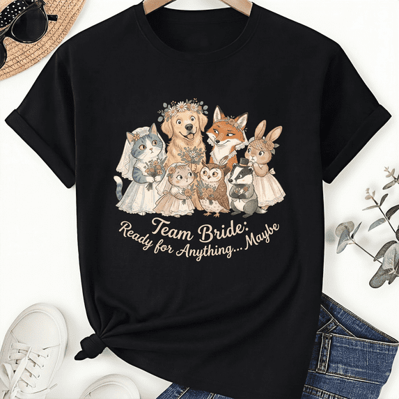 Cute Animal Team Bride Graphic Tee Woodland Creatures Bridal Party Short Sleeve Casual T-shirt