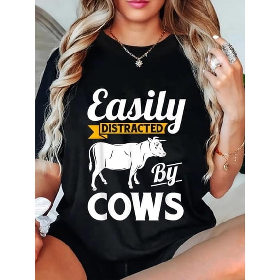Cute Animal - Themed Graphic Tee,Tops Has "Easily DISTRACTED By COWS" Text with Cow Design, Round Neck Oversized Fit T - shirts, Size(S - 5XL)