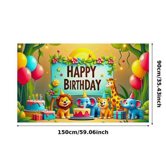 Cute Animal Themed Happy Birthday Banner with Floral Decorations Party Backdrop for Birthday Parties Photography Props Decors Kids Celebrations