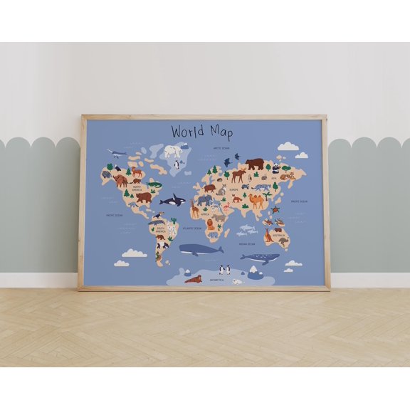 Cute Animal World Map Poster For Room Decor, Educational Safari And Ocean Animals Wall Art , Poster Print Only