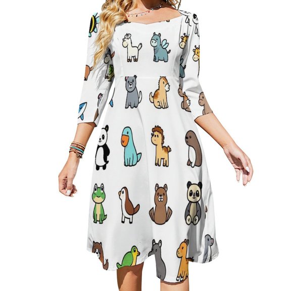 Cute Animals-4 Flare Dress Square Neck Dress Elegant Female Fashion Printed Dress