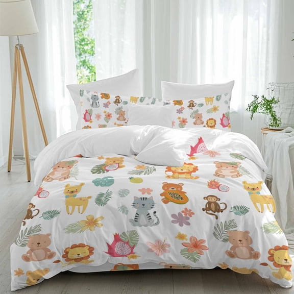 Cute Animals 4 Piece Duvet Cover Set Queen Size Lovely Cartoon Lion Camel Cat Bear Monkey Leaf Flower Soft Bedding Set Comforter Cover, 1 Duvet Cover 1 Flat Sheets and 2 Pillowcases