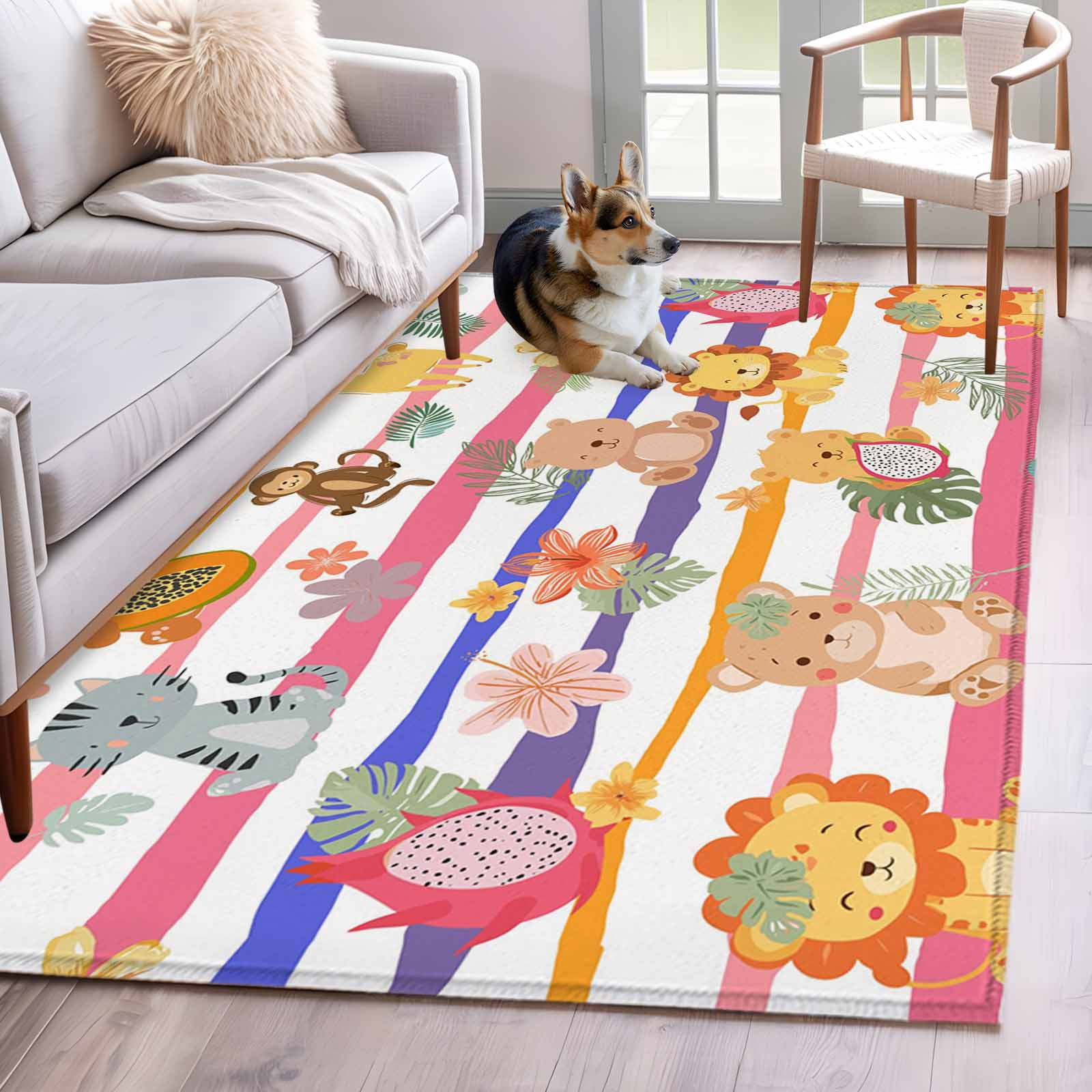 Cute Animals Area Rugs 4x6 ft Lovely Cartoon Lion Camel Cat Leaf Flower ...