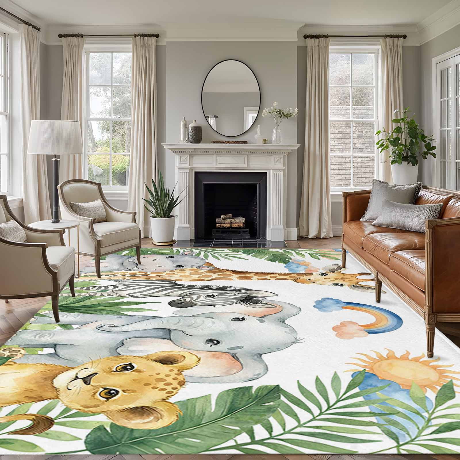 Cute Animals Area Rugs 6'x9', Washable Small Throw Rugs for Kitchen Dining room, Funny Summer Botanical Palm Leaves Indoor Outdoor Rug Non-Slip Low Pile Carpet Runner Reversible Floor Mats