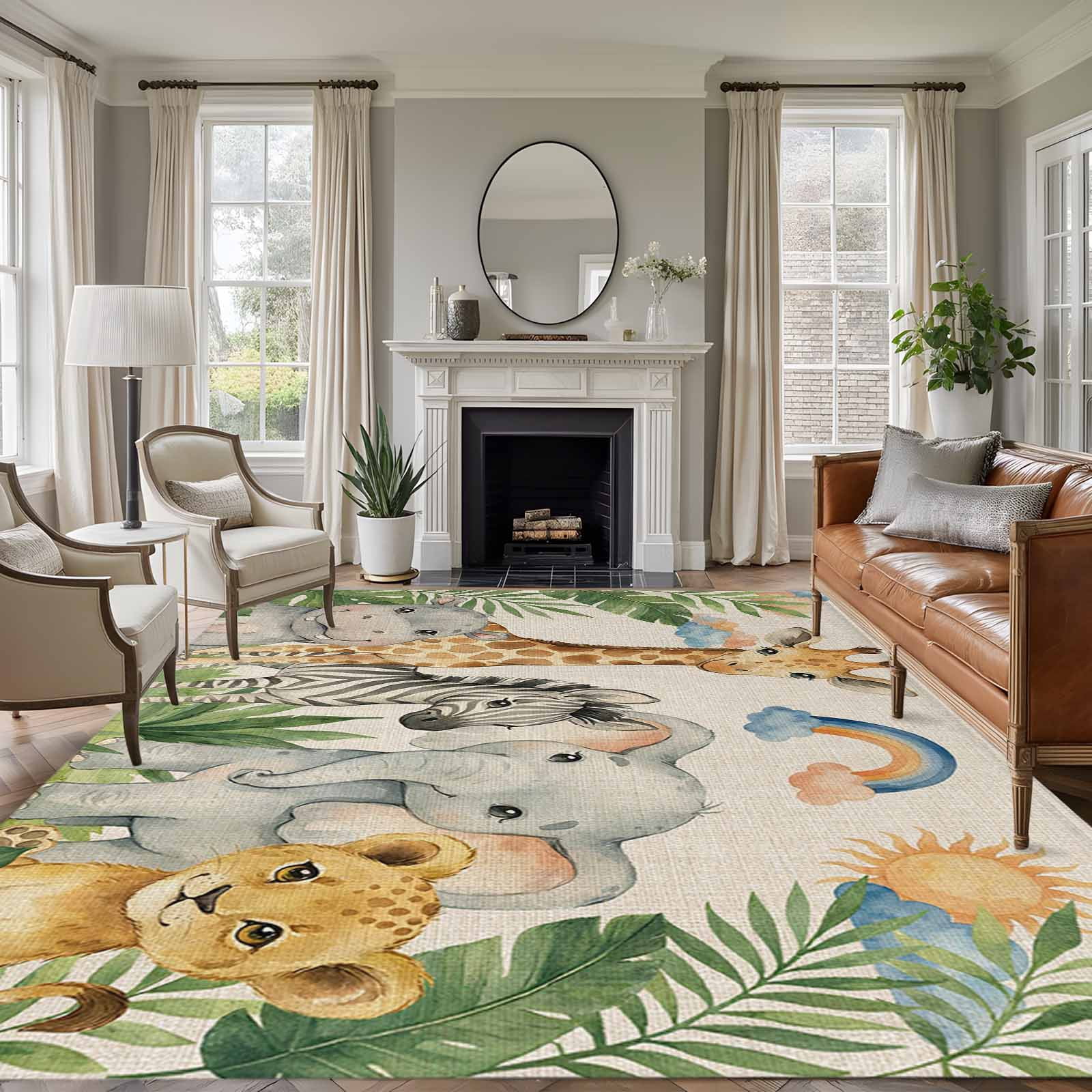 Cute Animals Area Rugs 6'x9', Washable Small Throw Rugs for Kitchen Dining room, Rustic Summer Botanical Palm Leaves Indoor Outdoor Rug Non-Slip Low Pile Carpet Runner Reversible Floor Mats
