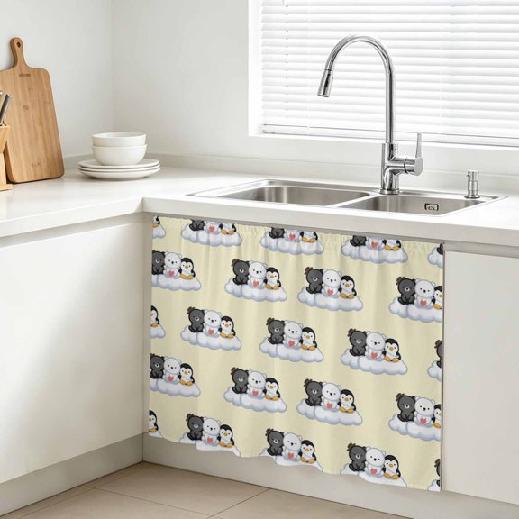 Cute Animals Cabinet Curtains for Kitchen 10"W x 11"L, Lovely Penguin Polar Bear Black Bear Cloud Yellow Under Sink Skirt Magic Tape Short Curtain Decorative Privacy Panel for Bathroom Laundry