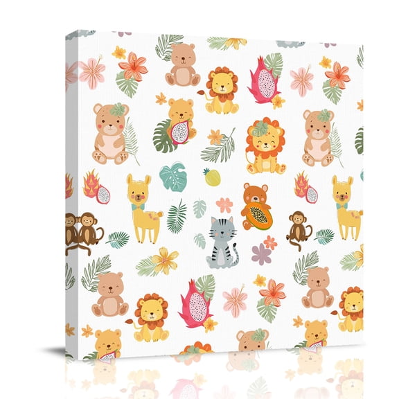 Cute Animals Canvas Wall Art for Living Room, Lovely Cartoon Lion Camel Cat Bear Monkey Leaf Flower Wall Decor Framed Artwork Pictures Ready to Hang for Bedroom Office Home Decor