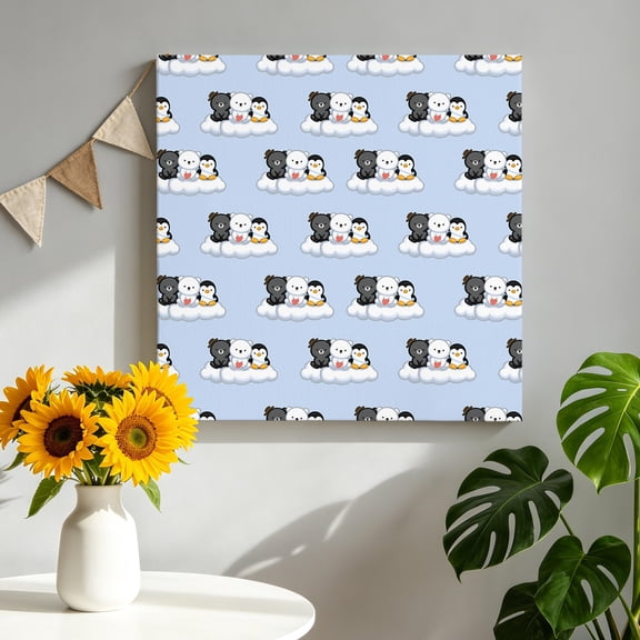 Cute Animals Canvas Wall Art, Lovely Penguin Polar Bear Black Bear Cloud Blue Framed Canvas Wall Decor Picture Print Artwork Decorations for Living Room Office Ready to Hang 8" x 8"