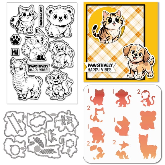 Cute Animals Clear Silicone Stamp Metal Cartoon Cats Cutting Die Cuts Dogs PET Painting Stencils for Card Making Scrapbooking Craft DIY Embossing