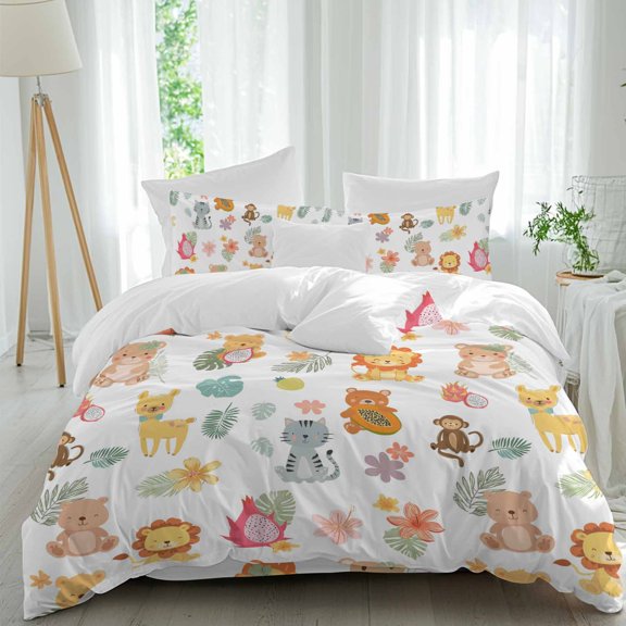 Cute Animals Comforter Set Queen Size, Lovely Cartoon Lion Camel Cat Bear Monkey Leaf Flower Soft Bedding Set for Man Woman, 4 Pieces Duvet Cover Set with Fitted Sheet, 2 Pillowcases