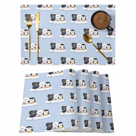 Cute Animals Cotton Linen Placemats Set of 1, Lovely Penguin Polar Bear Black Bear Cloud Blue Washable Table Place Mats Heat Insulating Placemat for Dining Room Kitchen Daily Use 13 x 19 Inch