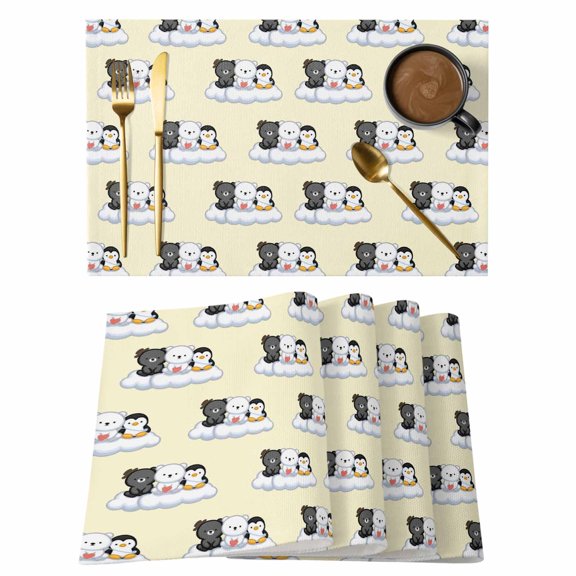Cute Animals Cotton Linen Placemats Set of 1, Lovely Penguin Polar Bear Black Bear Cloud Yellow Washable Table Place Mats Heat Insulating Placemat for Dining Room Kitchen Daily Use 13 x 19 Inch